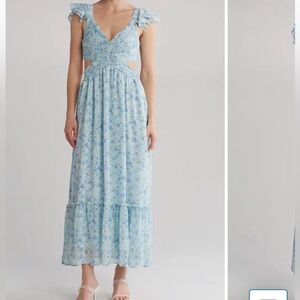 Pleated cut out blue floral midi maxi dress